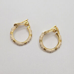 Vintage Hoop Earrings Cream Enamel Goldtone Clip On Midcentury Classic Retro 1"